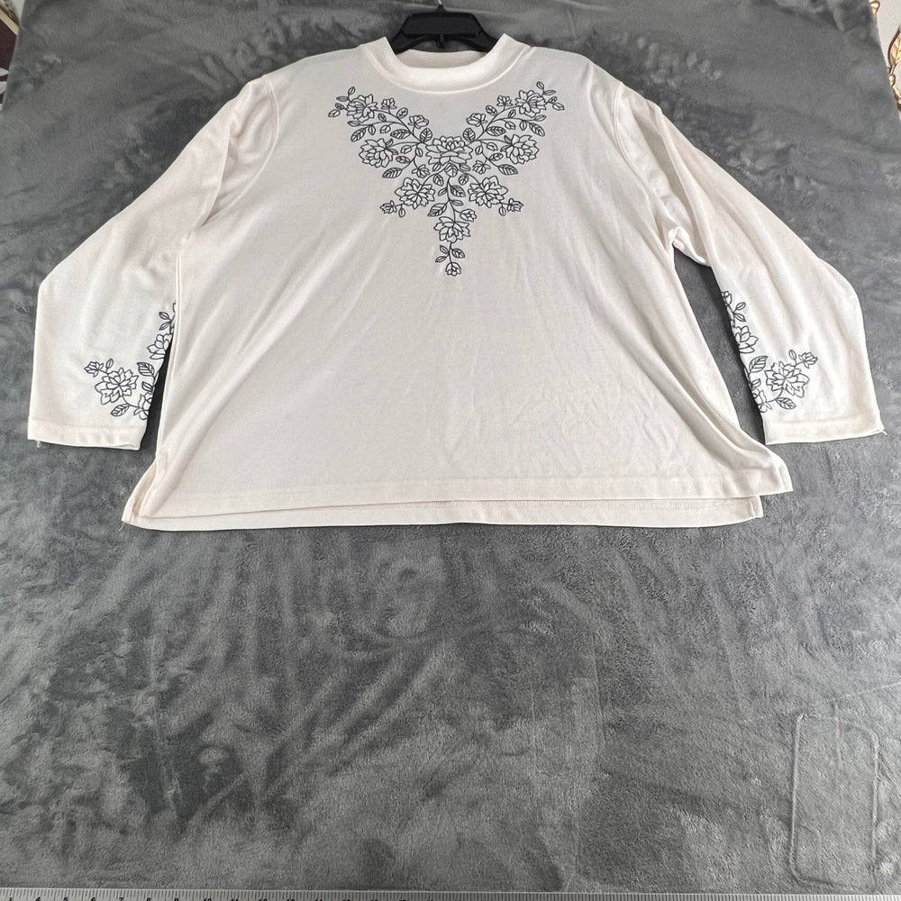 BonWorth Womens XL White Floral Embroidered Mock Neck Long Sleeve Top